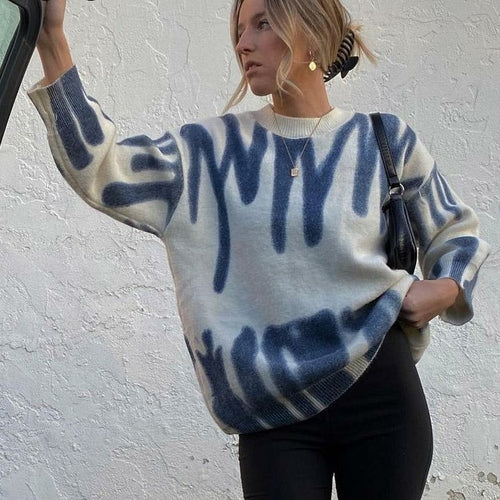 Stripes Print Sweaters Women Winter Knitted Warm Pullovers