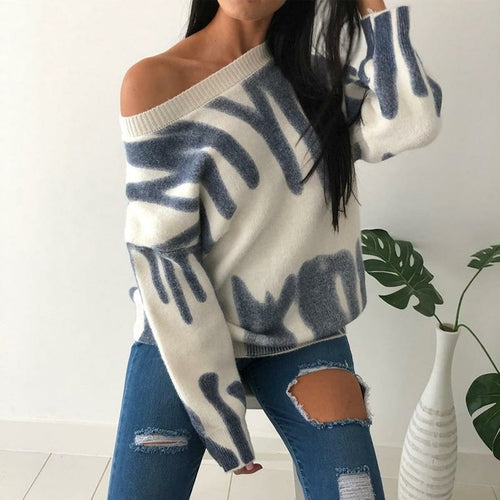 Stripes Print Sweaters Women Winter Knitted Warm Pullovers